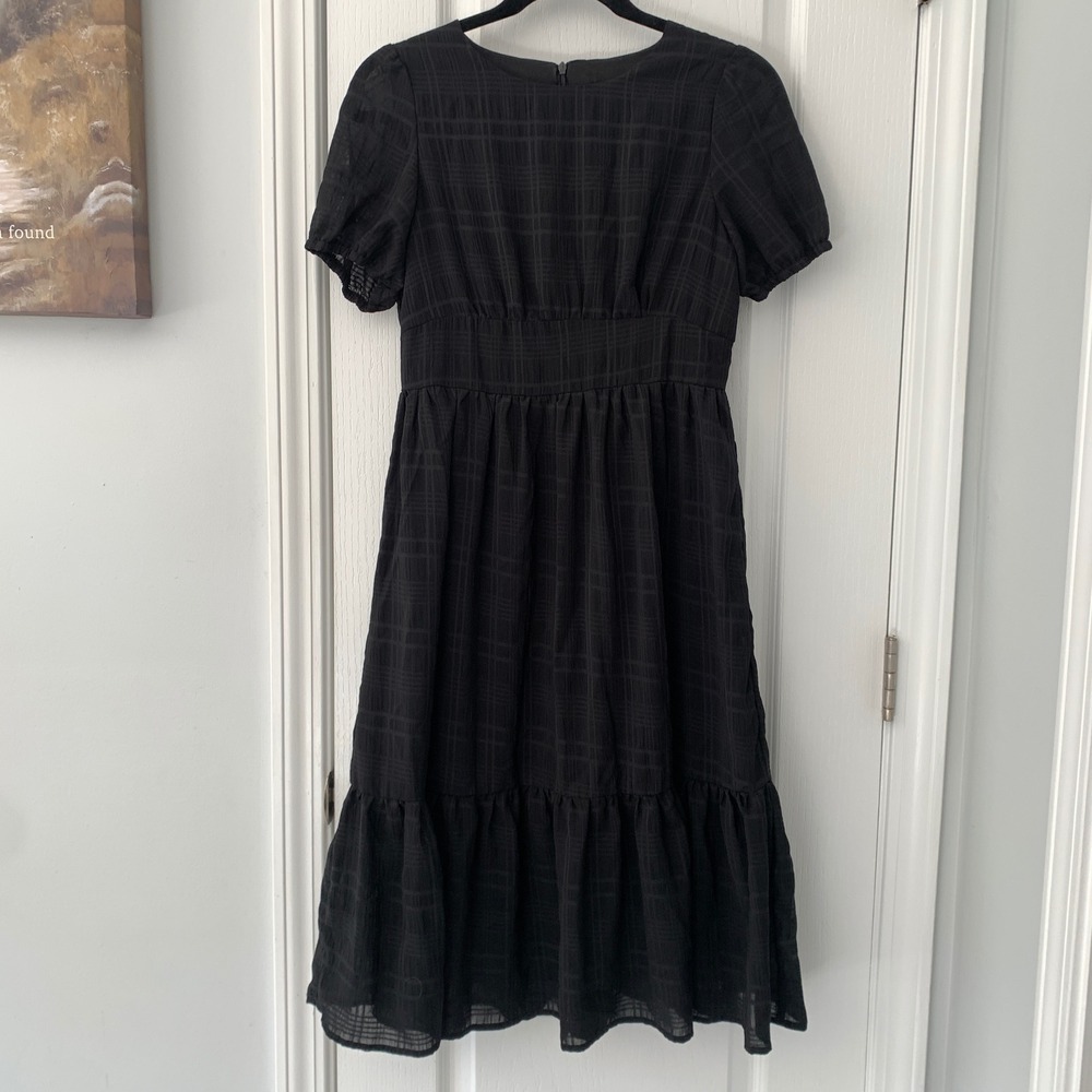 Dazy Black Textured Plaid Midi Dress Short Puff Sleeve Smocked Waist Womens Sz S
